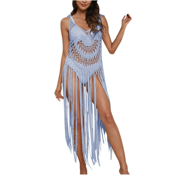 yillto Womens Crochet Fringe Beachwear Cover up Swimwear Bikini Spaghetti Strap Long Maxi Beach Dress