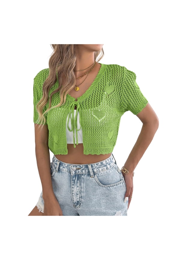 Womens Crop Cover up Open Front Lightweight Summer Cardigans Short Sleeve Crochet Coverups