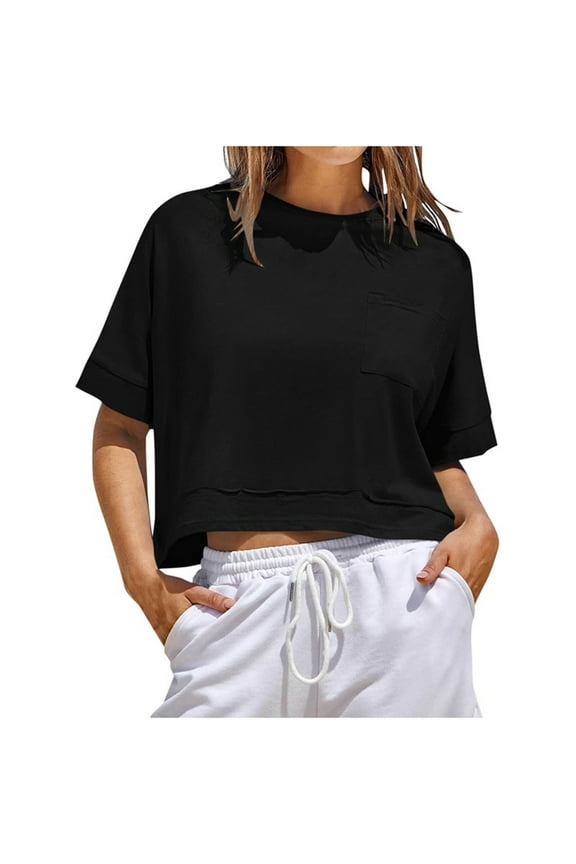 Womens Crop Shirts Short Sleeve Crew Neck Summer Basic Loose Cropped T Shirts with Pockets