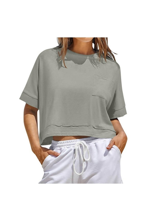 Womens Crop Shirts Short Sleeve Crew Neck Summer Basic Loose Cropped T Shirts with Pockets