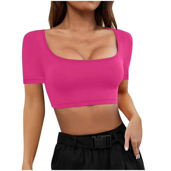 yillto Womens Crop Short Sleeve Tee Scoop Neck Slim Shirts Summer Basic Solid Color Cute Tshirts