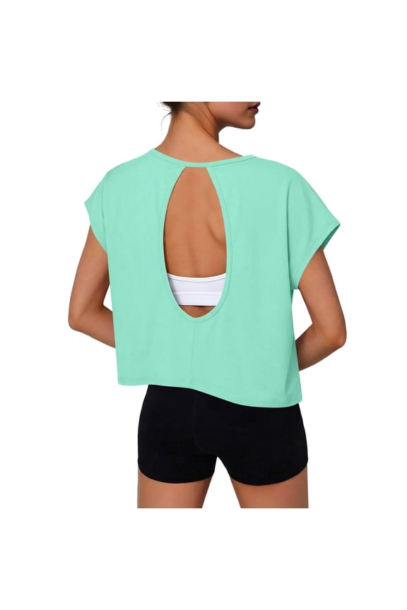 Womens Crop Top Open Back Workout Shirts Athletic Shirt Casual Running Tee Yoga Loose Tshirts