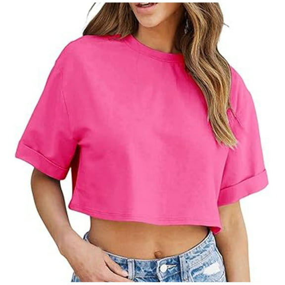 yillto Womens Crop Tshirts Short Sleeve Round Neck Loose Solid Color Tee Summer Causal Basic Shirt