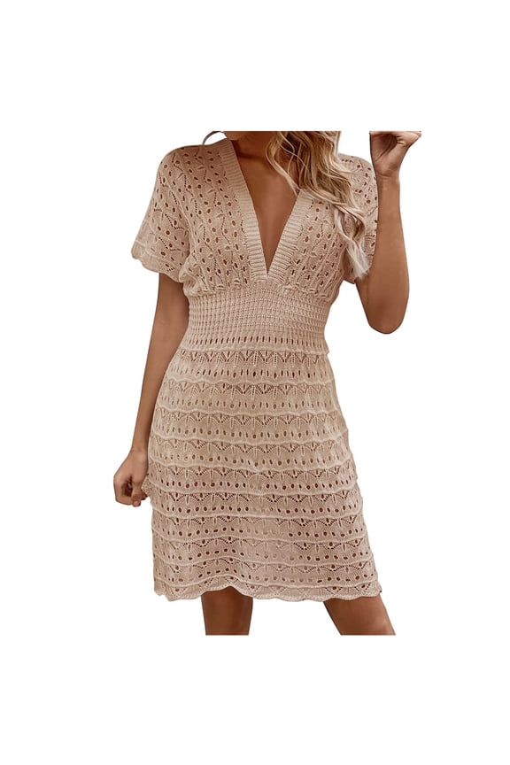 Womens Dress Crochet Swimsuit Short Sleeve V Neck Cover ups Summer Causal Beach Knit Dresses