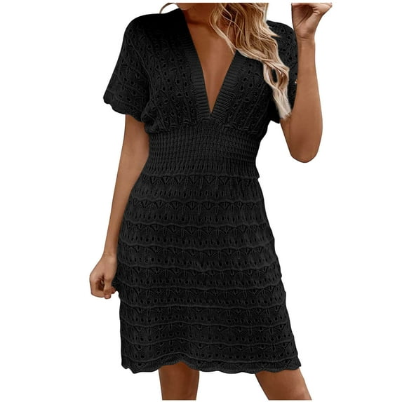 yillto Womens Dress Crochet Swimsuit Short Sleeve V Neck Cover ups Summer Causal Beach Knit Dresses