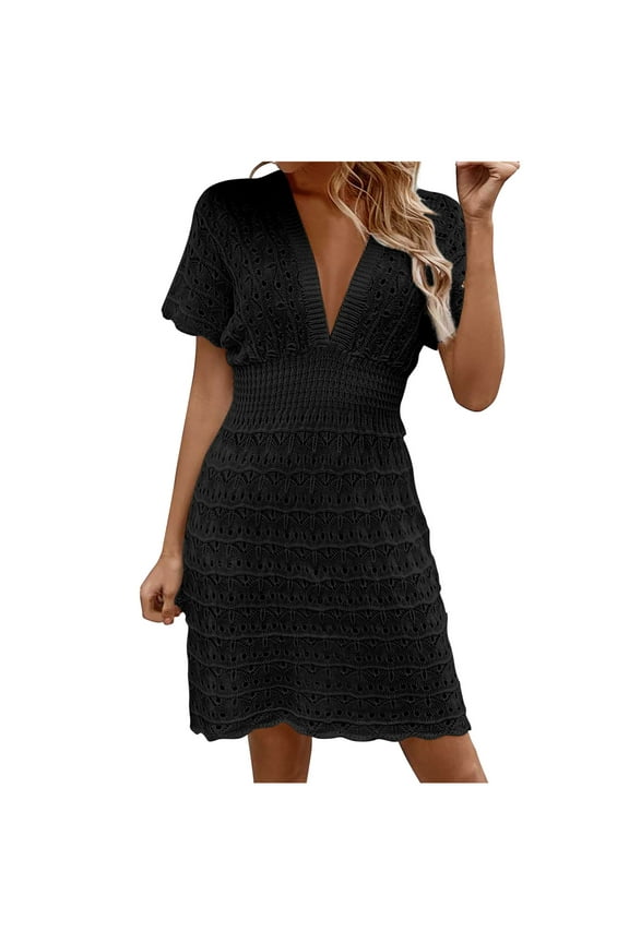 Womens Dress Crochet Swimsuit Short Sleeve V Neck Cover ups Summer Causal Beach Knit Dresses