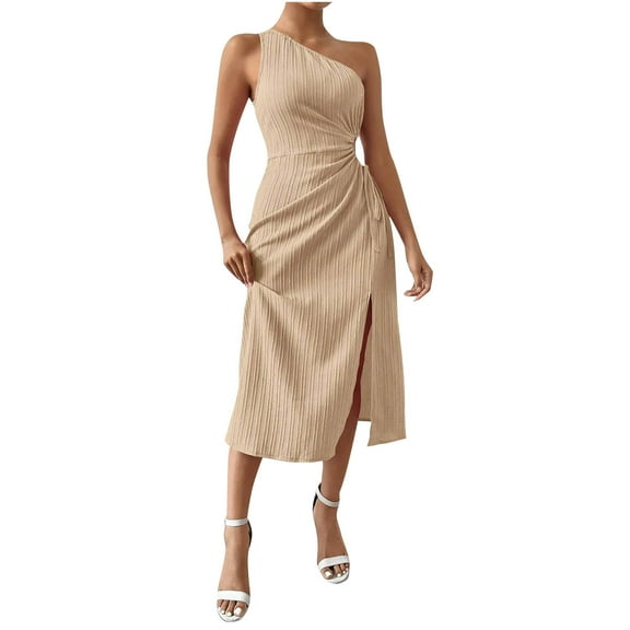 yillto Womens Dress Elegant Sleeveless Ruched High Split Solid Color Party Wedding Dresses for Women