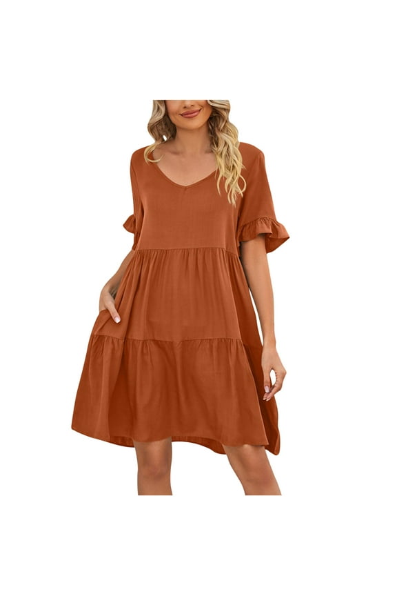 Womens Dress Ruffle Short Sleeve Tiered Flowy Pleated Loose Mini Dress Casual Short Tshirt Dresses