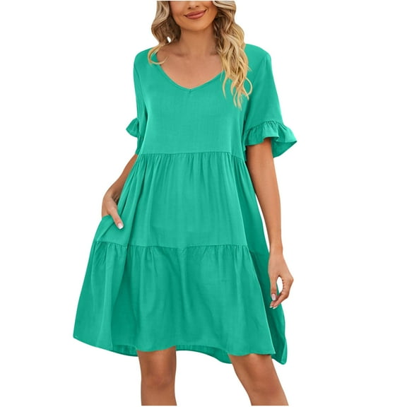 yillto Womens Dress Ruffle Short Sleeve Tiered Flowy Pleated Loose Mini Dress Casual Short Tshirt Dresses