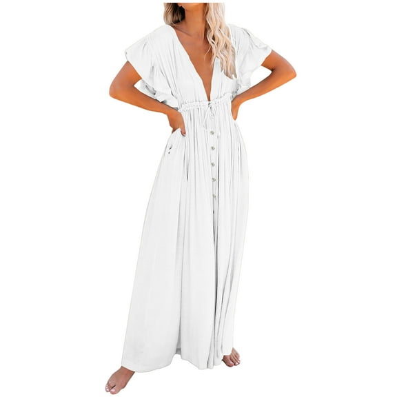 yillto Womens Dress Short Sleeve V Neck Summer Maxi Dresses Beach Lightweight Cover up Dress
