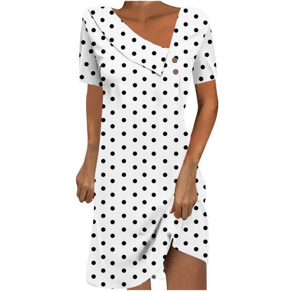 yillto Womens Dress V Neck Buttons Short Sleeve Summer Polka Dot Printed Midi Dresses for Work Office