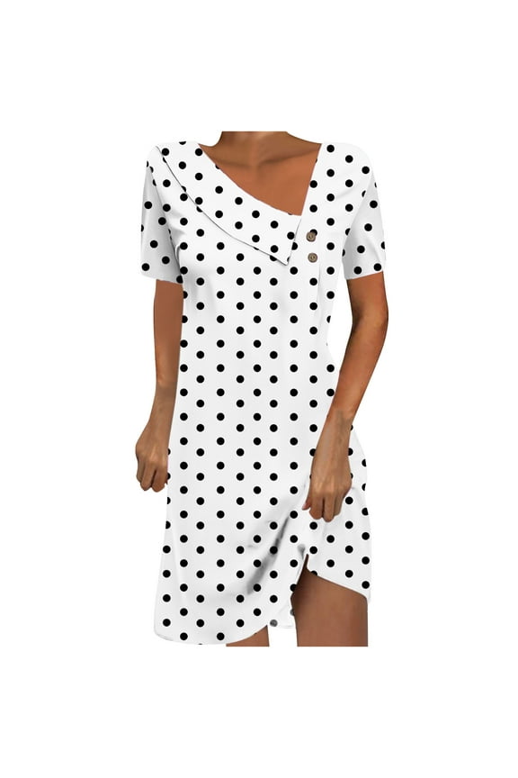 Womens Dress V Neck Buttons Short Sleeve Summer Polka Dot Printed Midi Dresses for Work Office