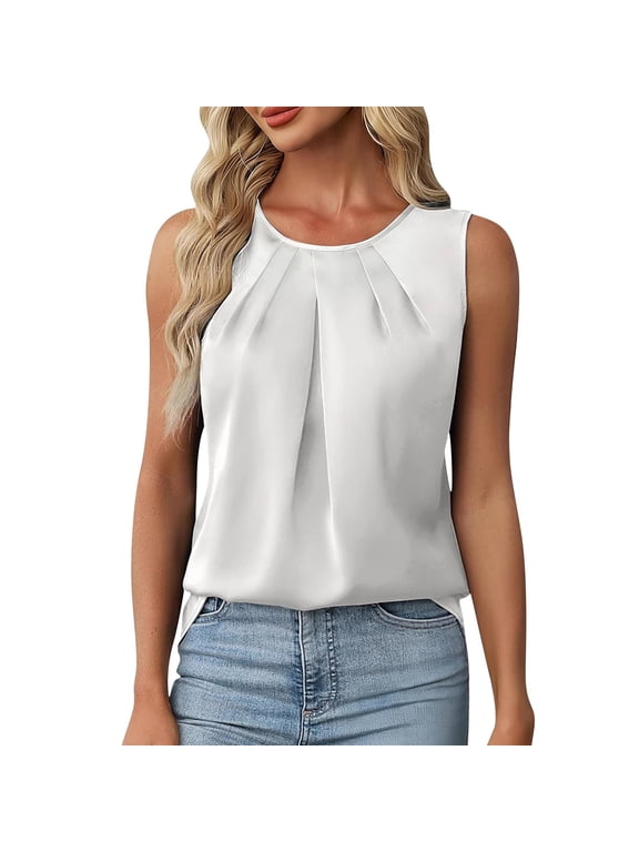 Womens Dressy Tank Satin Silky Sleeveless Tops Round Neck Pleated Business Work Tunic Blouse Office Summer Camisole