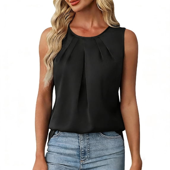 yillto Womens Dressy Tank Satin Silky Sleeveless Tops Round Neck Pleated Business Work Tunic Blouse Office Summer Camisole