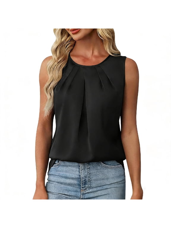 Womens Dressy Tank Satin Silky Sleeveless Tops Round Neck Pleated Business Work Tunic Blouse Office Summer Camisole