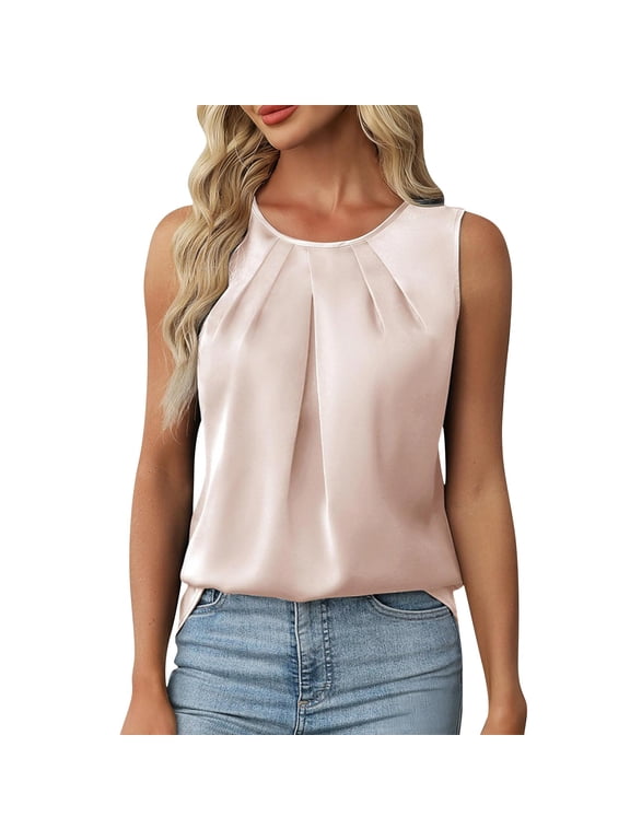 Womens Dressy Tank Satin Silky Sleeveless Tops Round Neck Pleated Business Work Tunic Blouse Office Summer Camisole