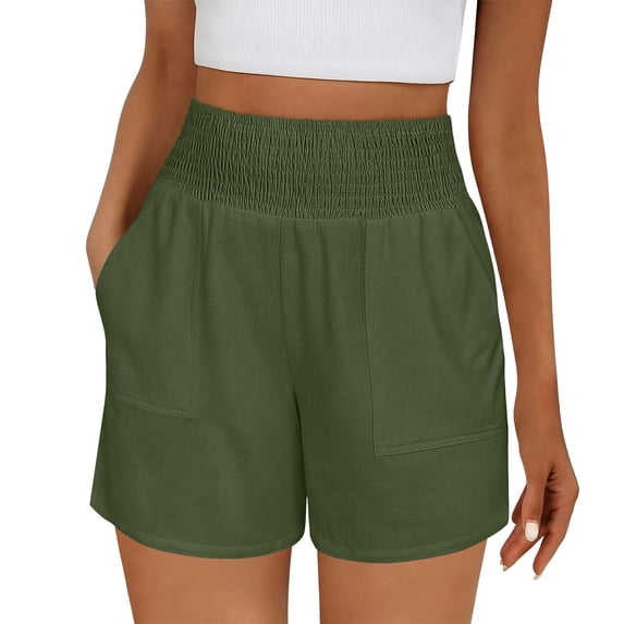 yillto Womens Elastic Waist Shorts High Smock Waisted Wide Leg Loose Summer Beach Shorts with Pockets