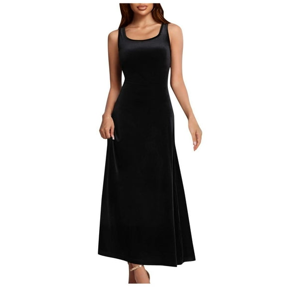 yillto Womens Fall Winter Maxi Dress Velvet Square Neck Sleeveless A-Line Dress Flowy Elegant Long Dresses