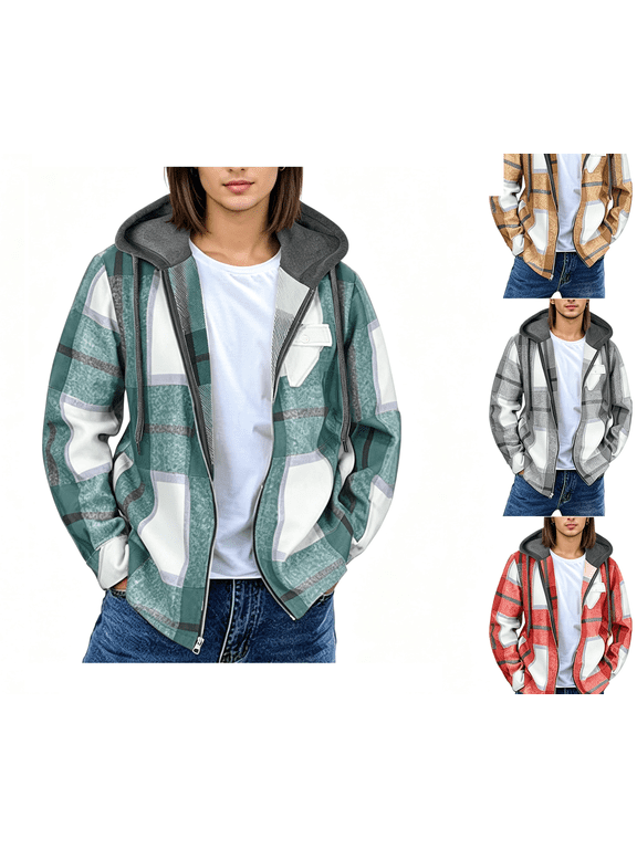 Womens Flannel Jacket Plaid Coat Plus Size Zip up Hoodie Cardigan Outerwear Jackets with Pockets