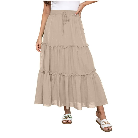 yillto Womens Flowy Skirt A Lined High Elastic Waist Tiered Layered Ruffle Hem Vacation Long Skirts