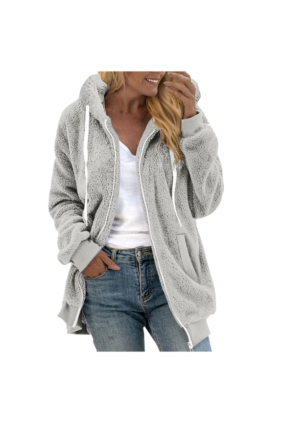 Womens Fuzzy Sherpa Fleece Jacket Zip up Oversized Fall Winter Warm Sweatshirt Hoodies S-5XL