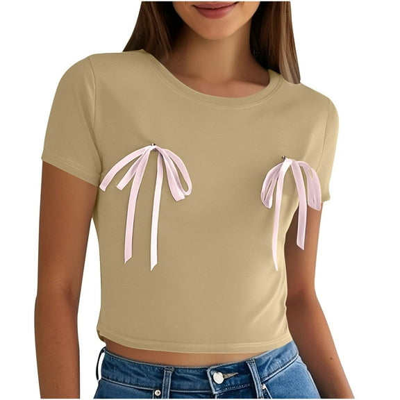 yillto Womens Girls Crop Tops Short Sleeve Crew Neck Cute Bow Tee Casual Base Layer Summer Shirts