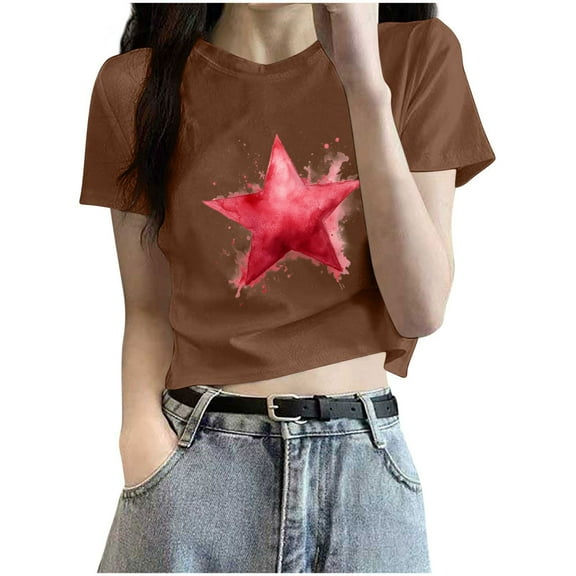 yillto Womens Graphic Tee Star Printed Short Sleeve Cute Shirts Causal Summer Crew Neck T shirts