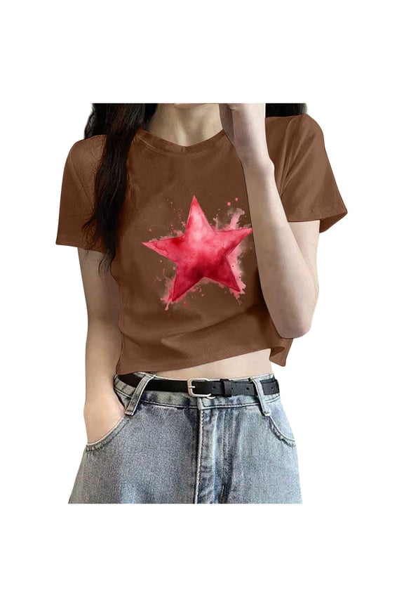 Womens Graphic Tee Star Printed Short Sleeve Cute Shirts Casual Summer Crew Neck T shirts