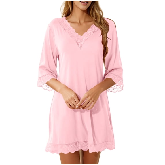 yillto Womens Lace Nightgown 3/4 Sleeve Sleepwear Nightshirts V Neck Comfy Nightdress Nightgowns