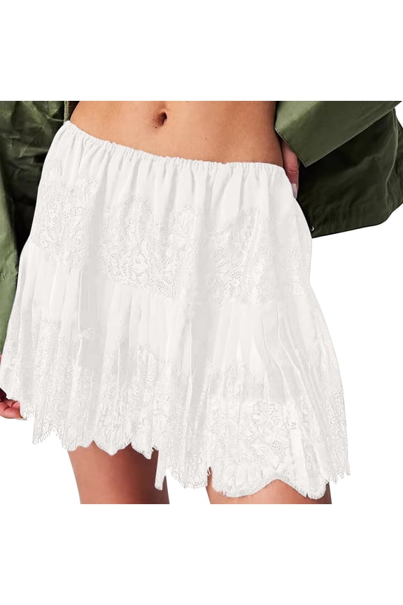 Womens Lace Short Skirt Elastic Waist Pleated Ruffle Hem Flared Flowy Cute Mini Skirts S-XXL