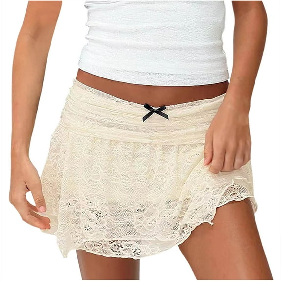 yillto Womens Lace Skirt Elastic Waist Tiered Ruffle Layer Flowy Cute Short Skirts Party Streetwear
