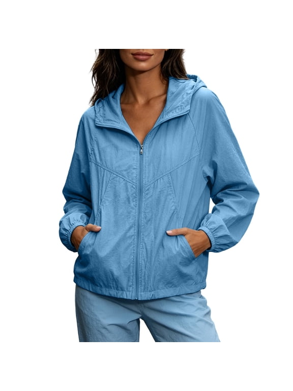 Womens Lightweight Jacket Full Zip Hooded Casual Athletic Jacket Coats Loose Raincoats with Pockets