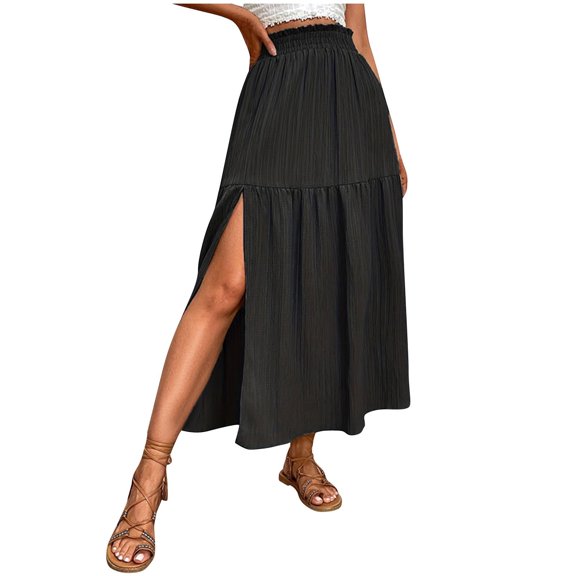 yillto Womens Long Skirts Smock High Waist Flowy Pleated Summer Causal Split Skirt Plain Midi Skirts