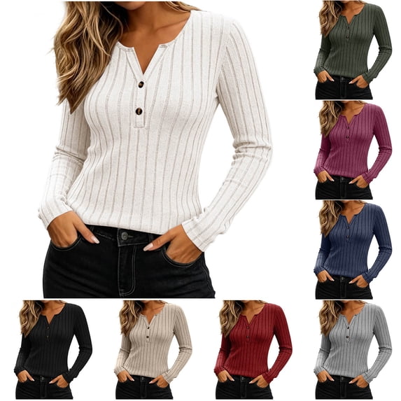 yillto Womens Long Sleeve Ribbed Tops Dressy Tunics V Neck Button Fashion Business Slim Lightweight Sweater