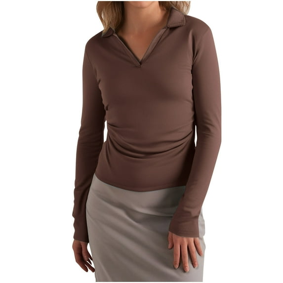 yillto Womens Long Sleeve V Neck Shirts Casual Business Collared Work Top Slim Basic 2024 Fall Shirt