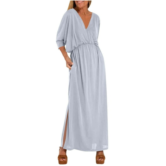 yillto Womens Maxi Dress V Neck 3/4 Sleeve Summer Dresses High Waist Split Flowy A Line Long Sundress