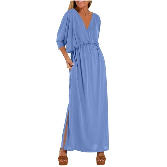yillto Womens Maxi Dress V Neck 3/4 Sleeve Summer Dresses High Waist Split Flowy A Line Long Sundress