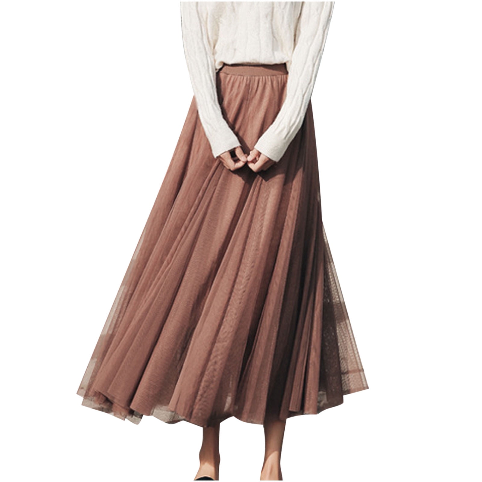 yillto Womens Maxi Skirts High Elastic Waist Pleated Mesh Flowy