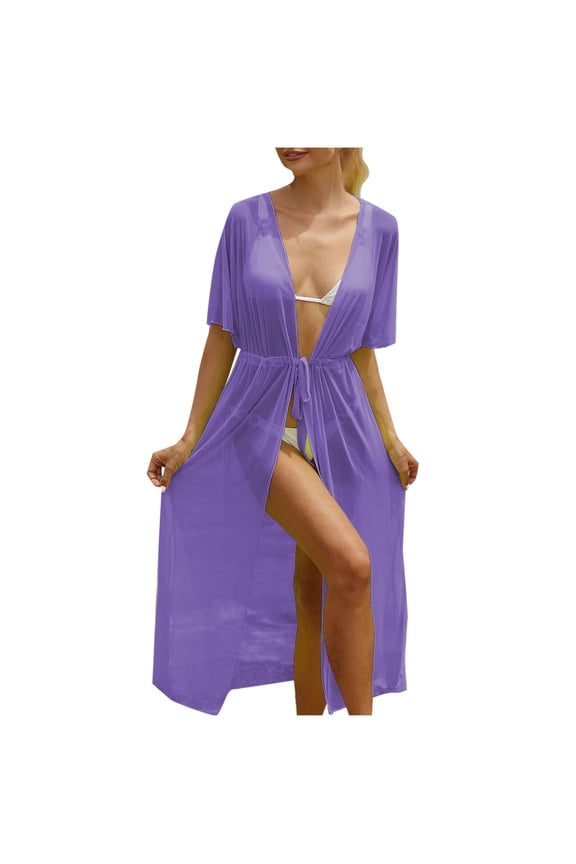 Womens Mesh Beach Dress Short Sleeve Loose Summer Swimsuit See Through Bathing Dresses Outfits