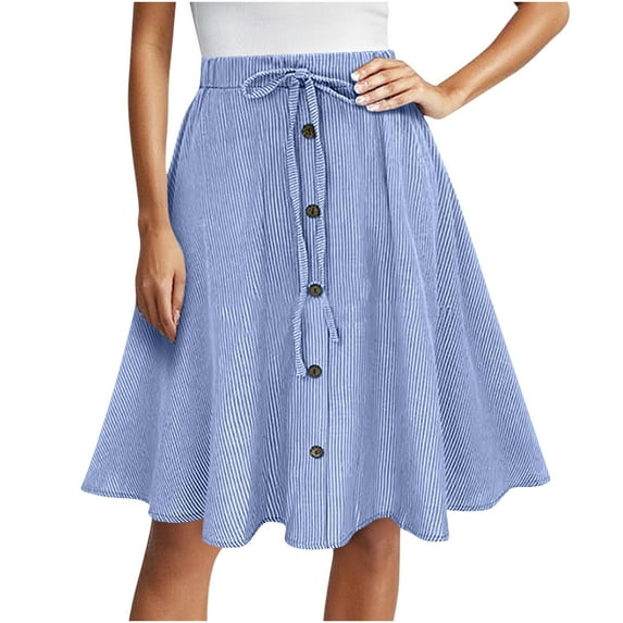 yillto Womens Midi Skirts Flowy Elastic Waist Buttons Trim A Lined Vintage Elegant Striped Skirt
