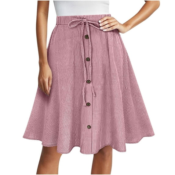 yillto Womens Midi Skirts Flowy Elastic Waist Buttons Trim A Lined Vintage Elegant Striped Skirt