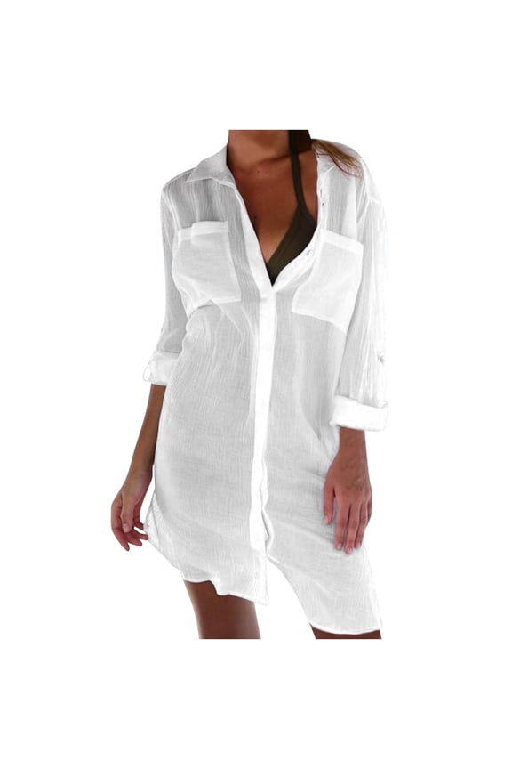 Womens Oversized Blouse Button down V Neck Long Sleeve Loose Summer Beach Swimsuit Cover Up Top