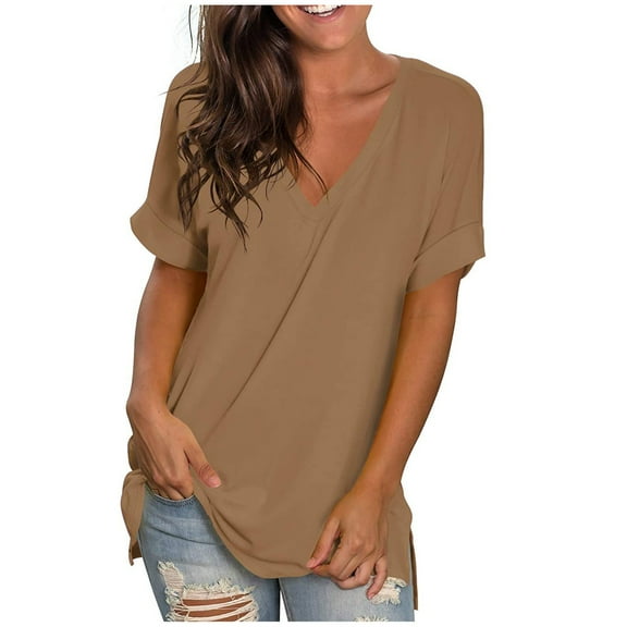 yillto Womens Oversized Shirts V Neck Short Sleeve Loose Basic Solid Color Causal Tee Summer Lightweight Top