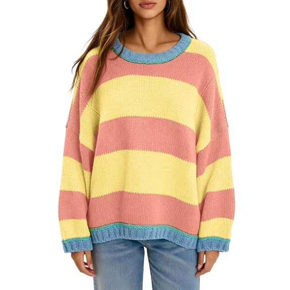 yillto Womens Oversized Sweater Baggy Color Block Long Sleeve Knit Striped Fall Winter Fashion Sweaters