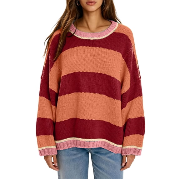 yillto Womens Oversized Sweater Baggy Color Block Long Sleeve Knit Striped Fall Winter Fashion Sweaters