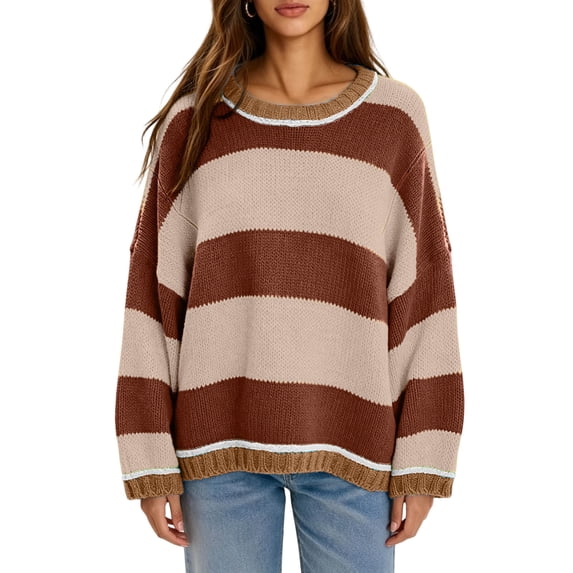 yillto Womens Oversized Sweater Baggy Color Block Long Sleeve Knit Striped Fall Winter Fashion Sweaters