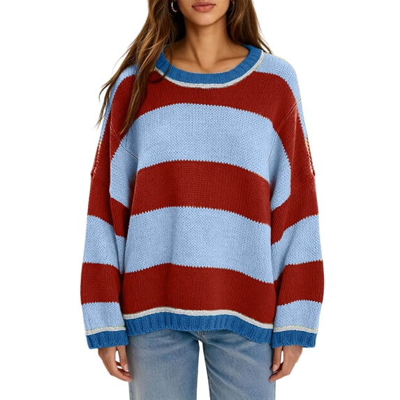 yillto Womens Oversized Sweater Baggy Color Block Long Sleeve Knit Striped Fall Winter Fashion Sweaters