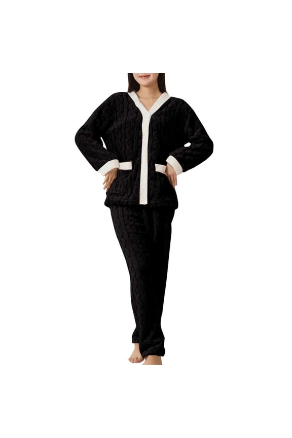 Womens Pajamas Set Fuzzy Top Pants Loose Fleece Loungewear Sleepwear Winter Warm Pjs Outfits