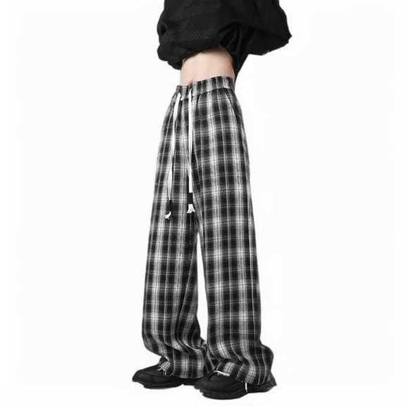 yillto Womens Plaid Pants Casual Drawstring Elastic Waist Straight Leg Baggy Sweatpants with Pockets
