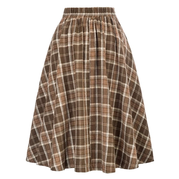 yillto Womens Plaid Skirt High Waist Pleated Knee Length Midi Skirts Ladies Vintage A Lined Skirts